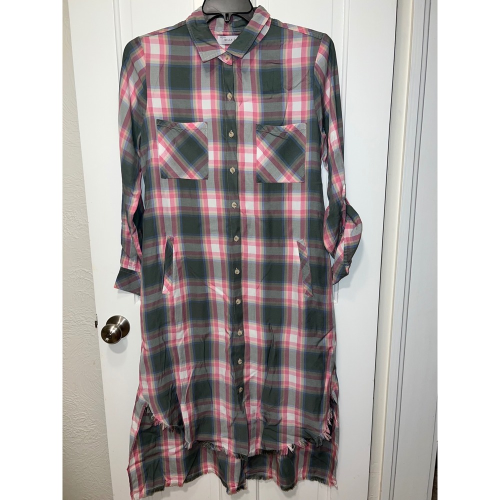 Billy T Pink Green Plaid Lyocell Shirt Dress Midi Raw Hem Roll Tab Sleeve Size M